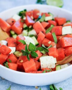 Melonensalat mit Feta und Minze|Zutaten für Melonen Feta Salat||