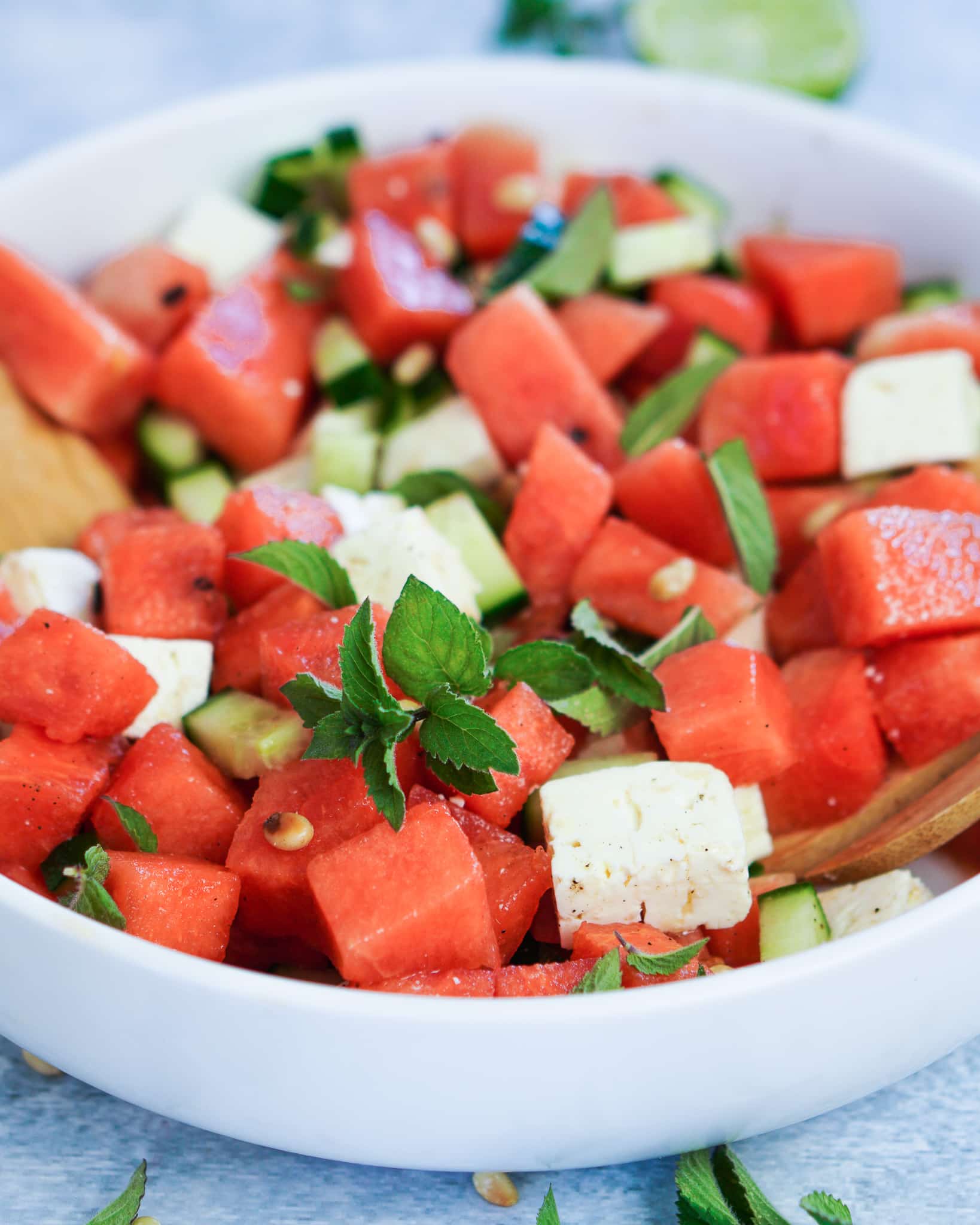 Melonensalat mit Feta und Minze|Zutaten für Melonen Feta Salat||